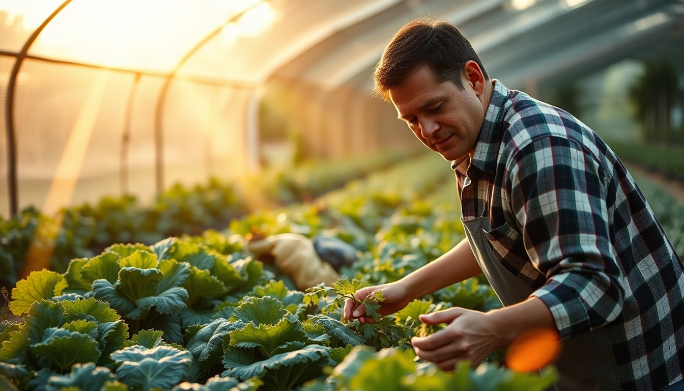 Small family farmer tending to organic vegetables em estilo editorial