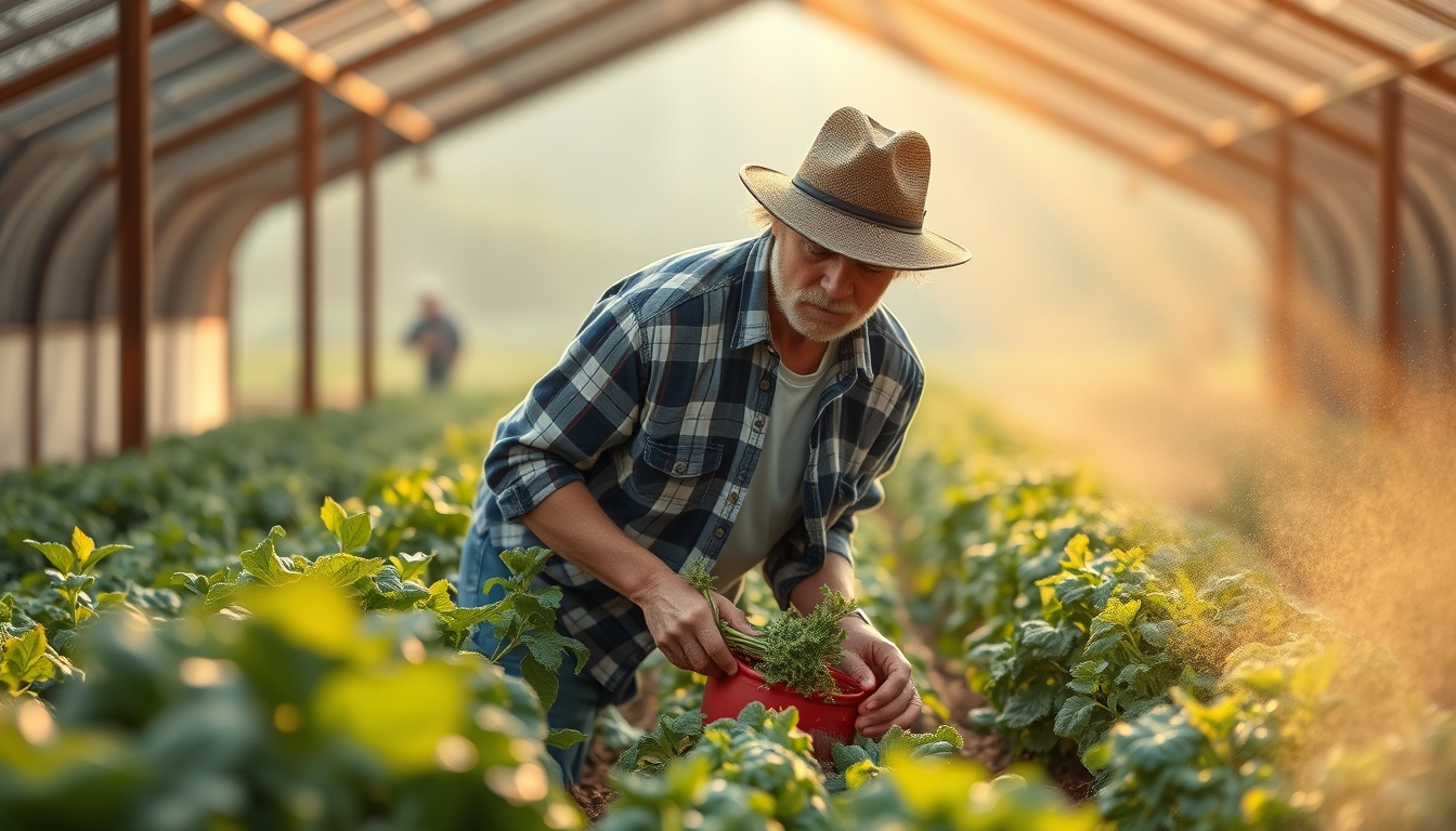 Small family farmer tending to organic vegetables em estilo editorial