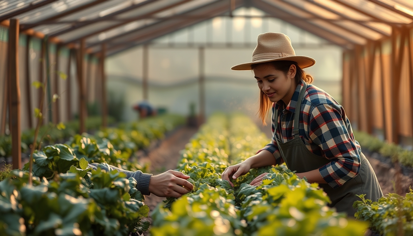 Small family farmer tending to organic vegetables em estilo editorial