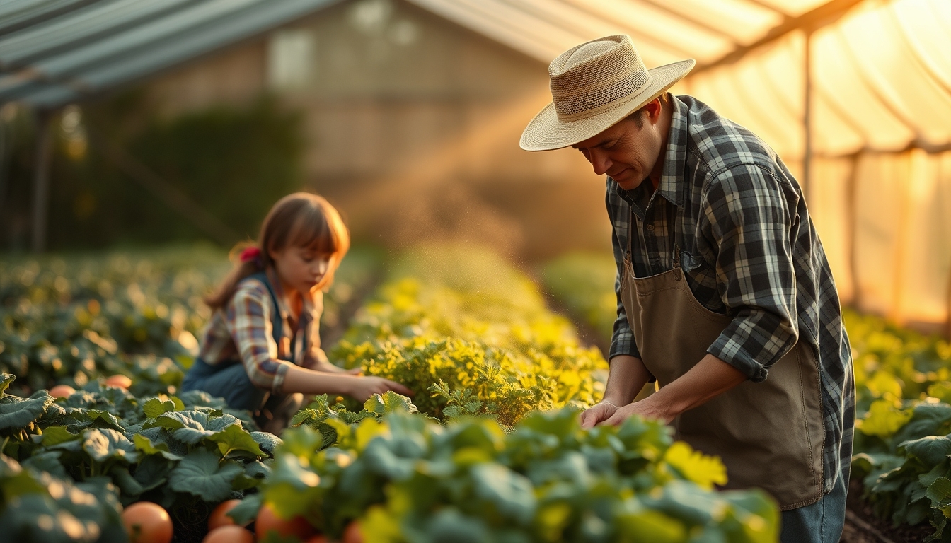 Small family farmer tending to organic vegetables em estilo editorial