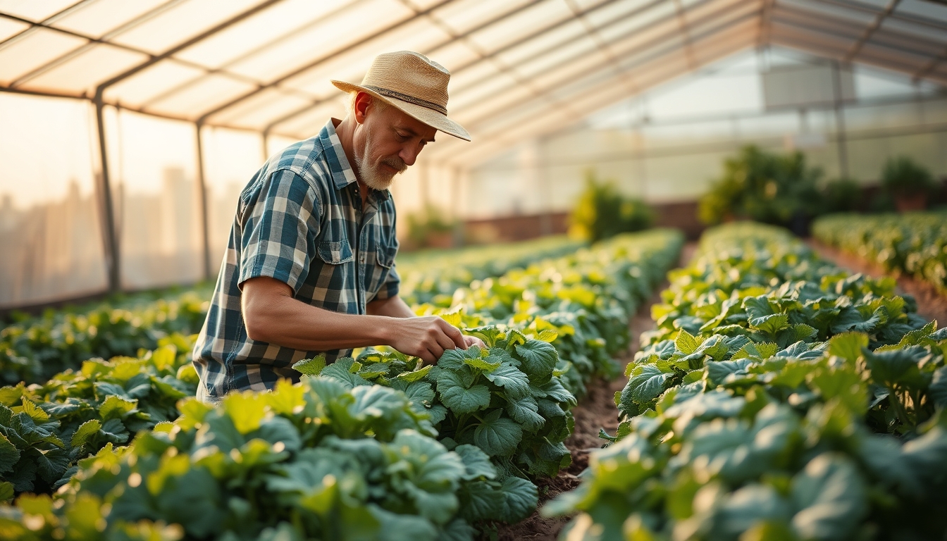 Small family farmer tending to organic vegetables em estilo editorial