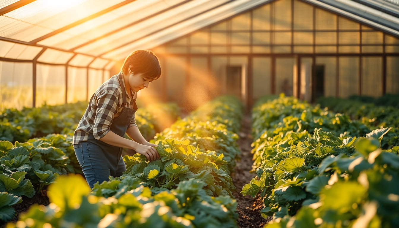 Small family farmer tending to organic vegetables em estilo editorial