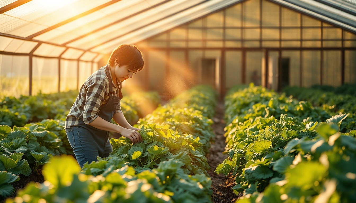 Small family farmer tending to organic vegetables em estilo editorial