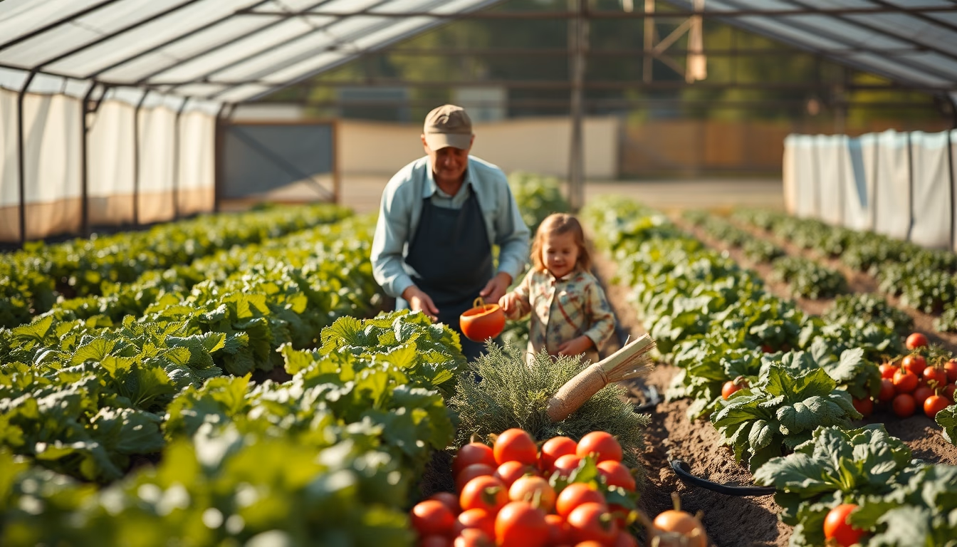Small family farmer tending to organic vegetables em estilo editorial