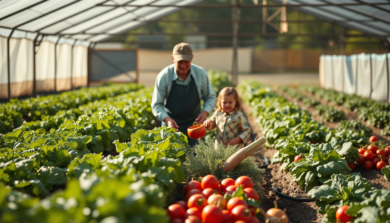 Small family farmer tending to organic vegetables em estilo editorial