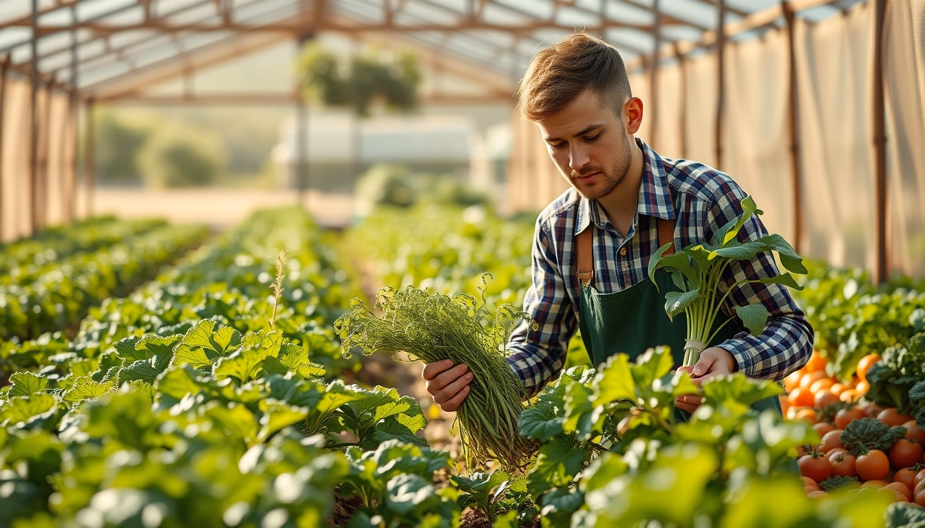 Small family farmer tending to organic vegetables em estilo editorial