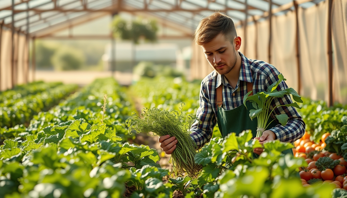Small family farmer tending to organic vegetables em estilo editorial