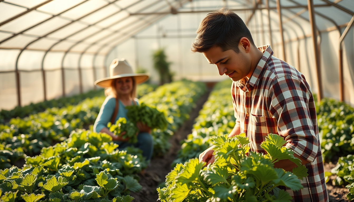 Small family farmer tending to organic vegetables em estilo editorial