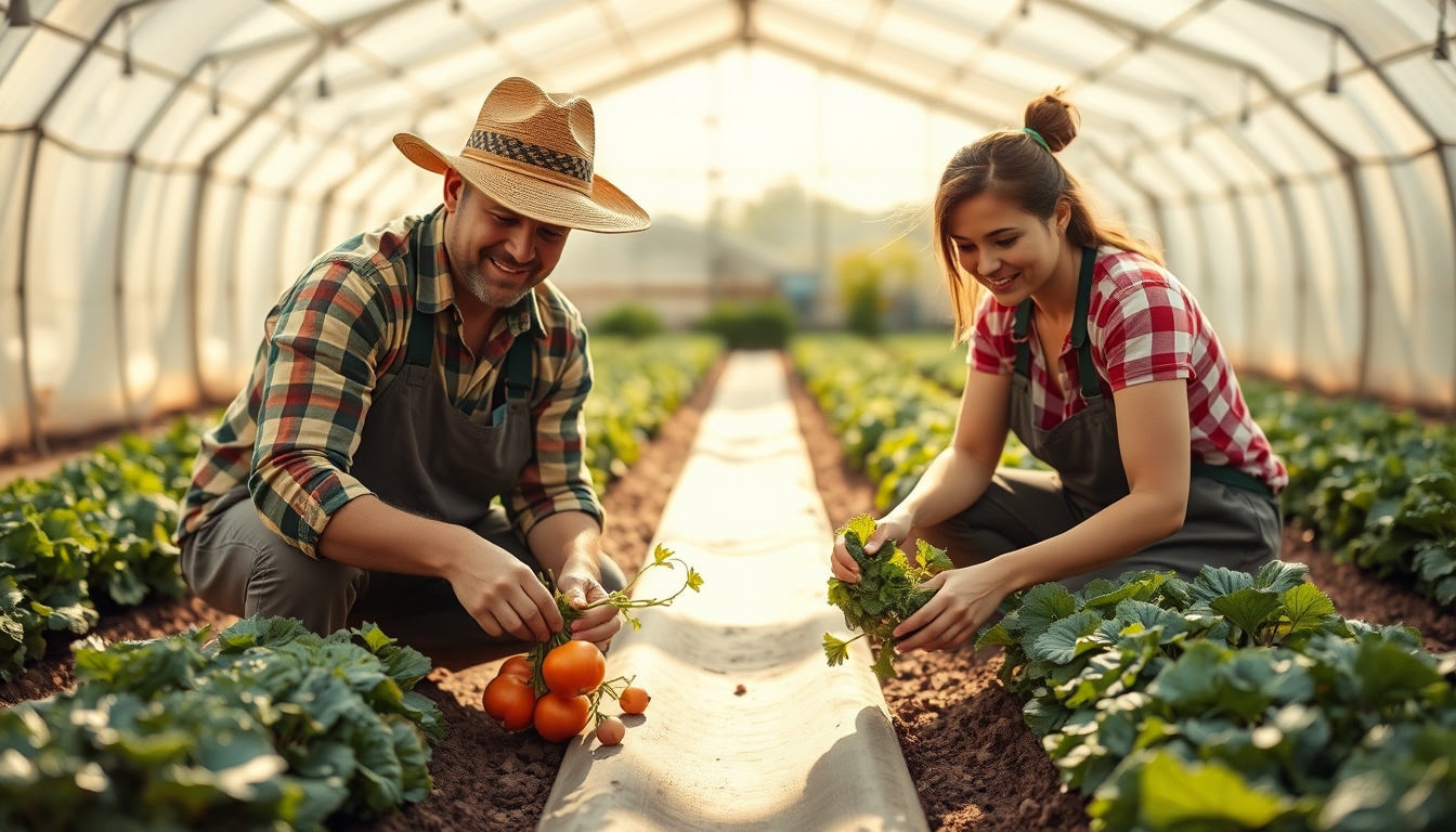 Small family farmer tending to organic vegetables em estilo editorial