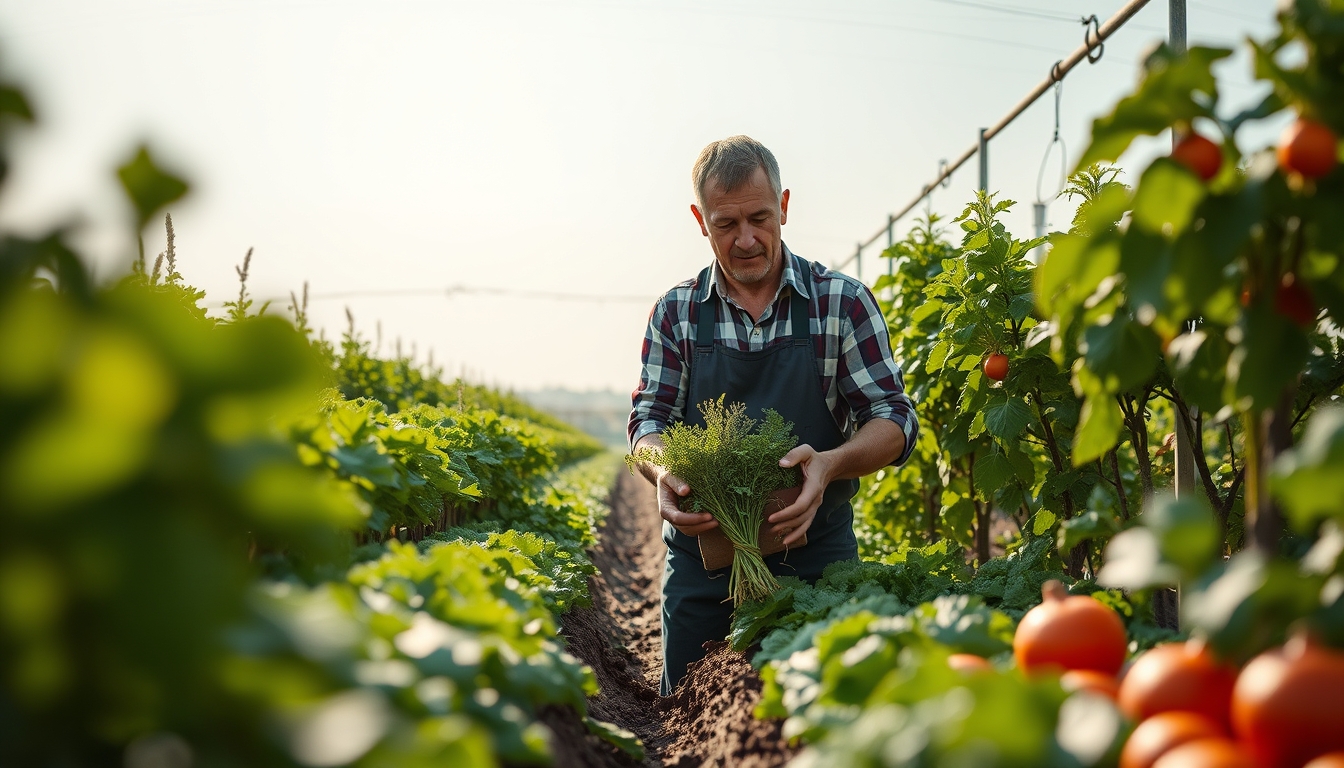 Small family farmer tending to organic vegetables em estilo editorial