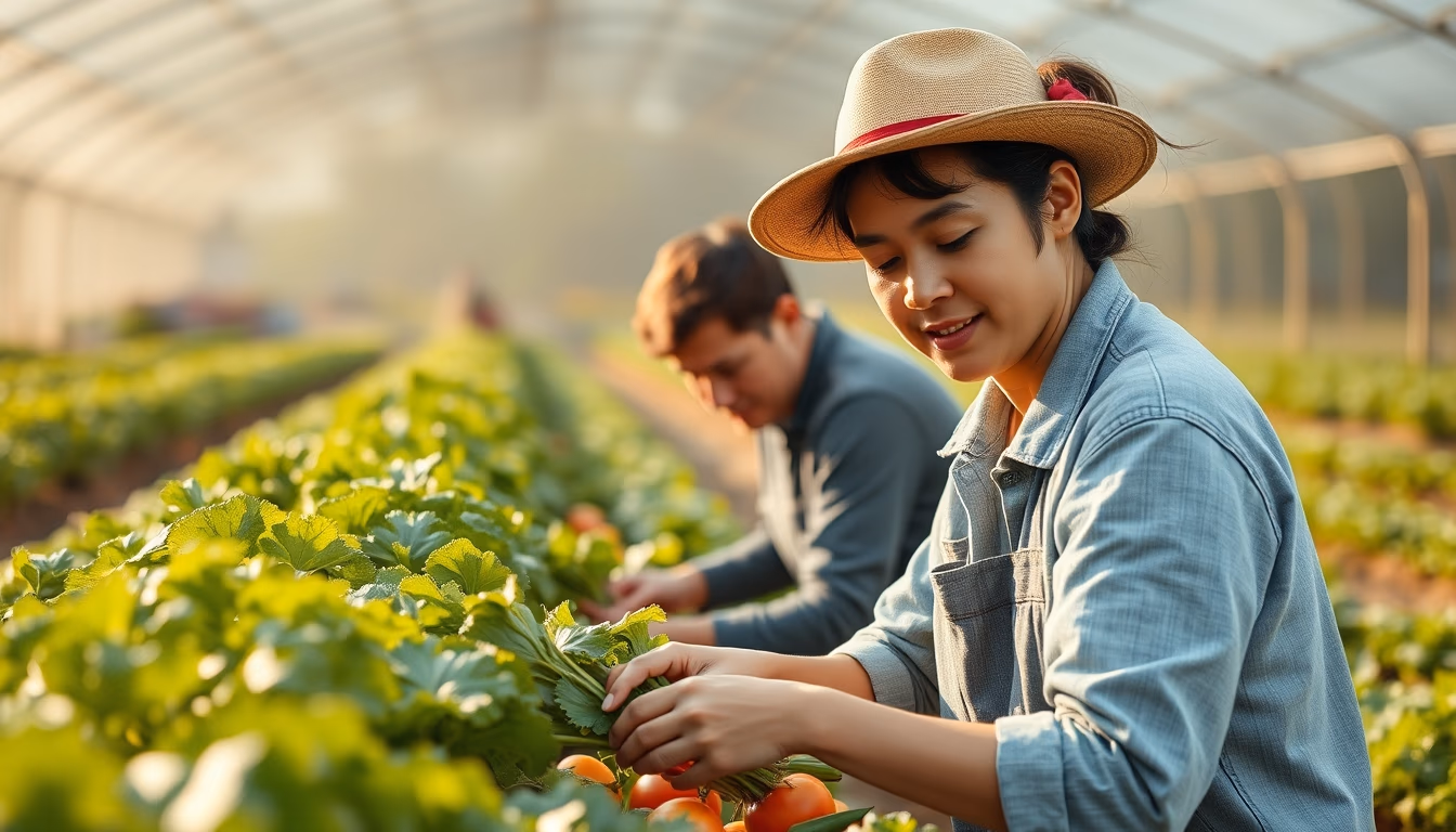 Small family farmer tending to organic vegetables em estilo editorial