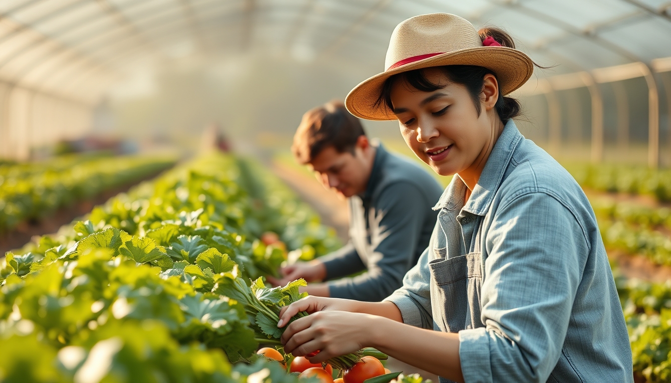 Small family farmer tending to organic vegetables em estilo editorial