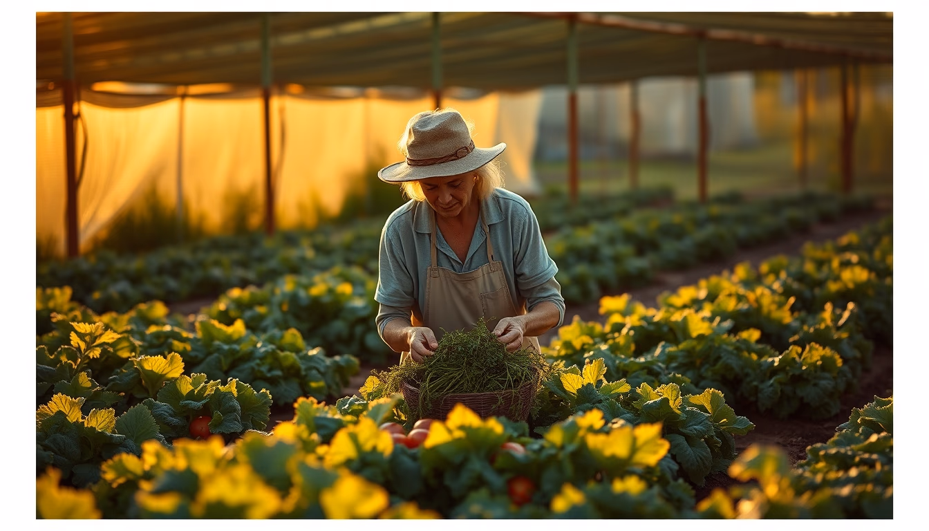 small family farmer tending to organic vegetables in editorial style