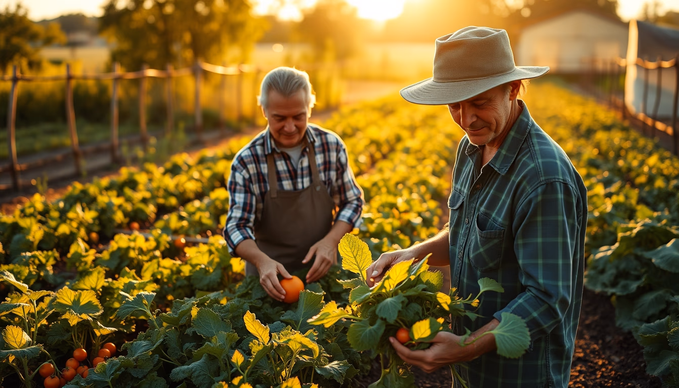small family farmer tending to organic vegetables in editorial style