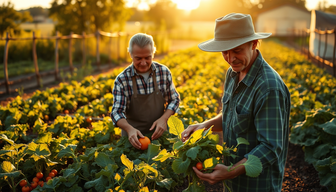 Small family farmer tending to organic vegetables em estilo editorial