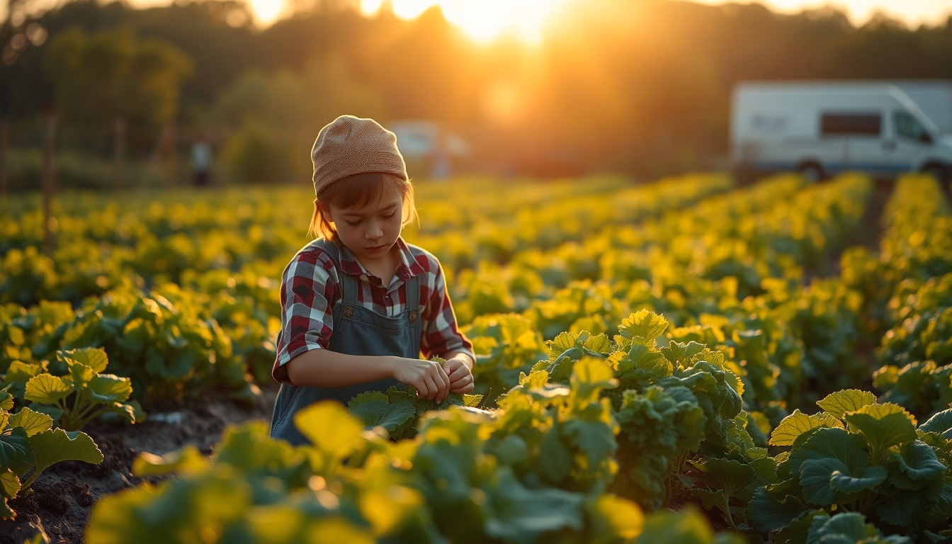 small family farmer tending to organic vegetables in editorial style