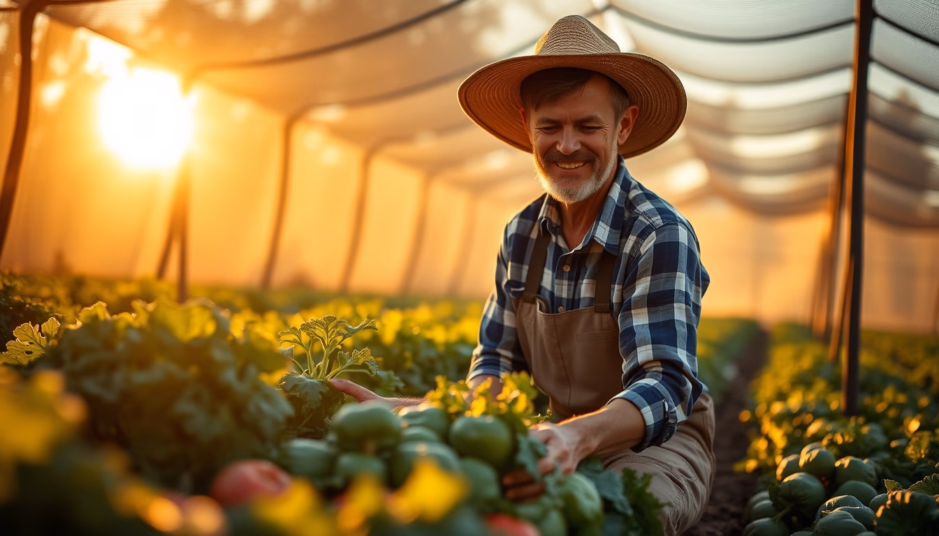 small family farmer tending to organic vegetables in editorial style