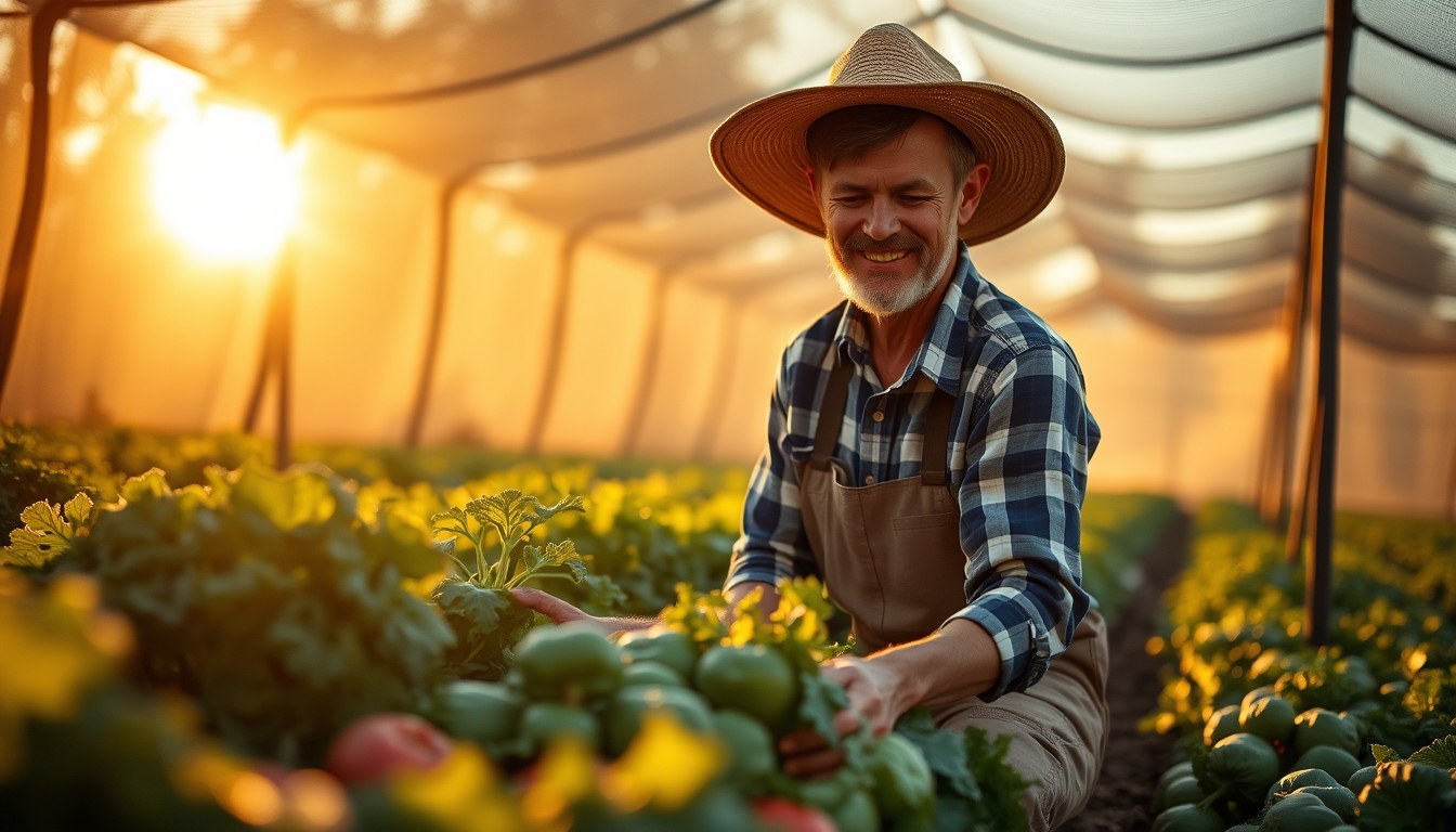 Small family farmer tending to organic vegetables em estilo editorial