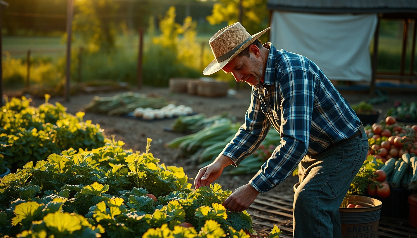 Small family farmer tending to organic vegetables em estilo editorial