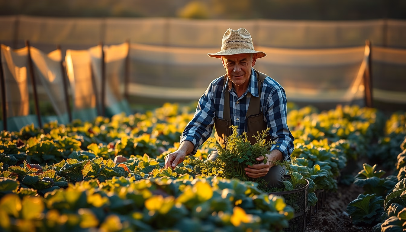 small family farmer tending to organic vegetables in editorial style