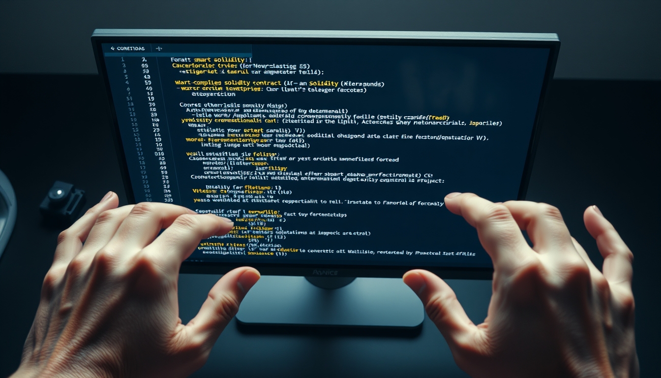 Código de smart contract em monitor com solidity destacado em estilo editorial