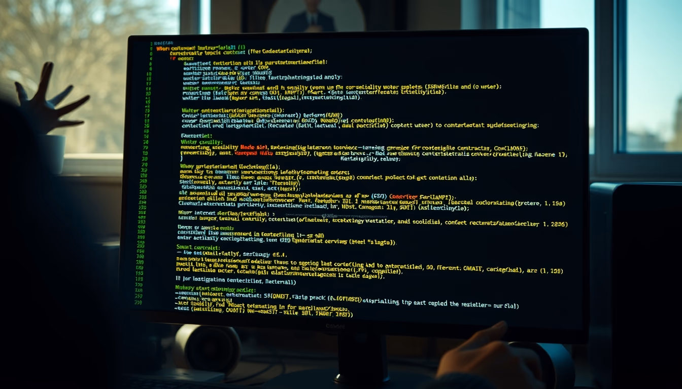 smart contract code on monitor with solidity syntax highlighted in editorial style