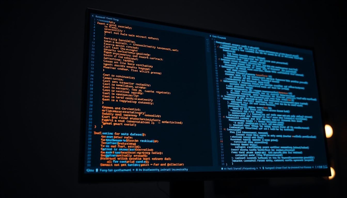 Código de smart contract em monitor com solidity destacado em estilo editorial