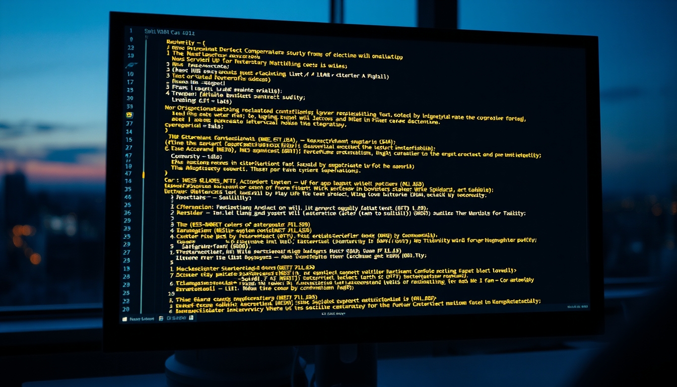 Código de smart contract em monitor com solidity destacado em estilo editorial