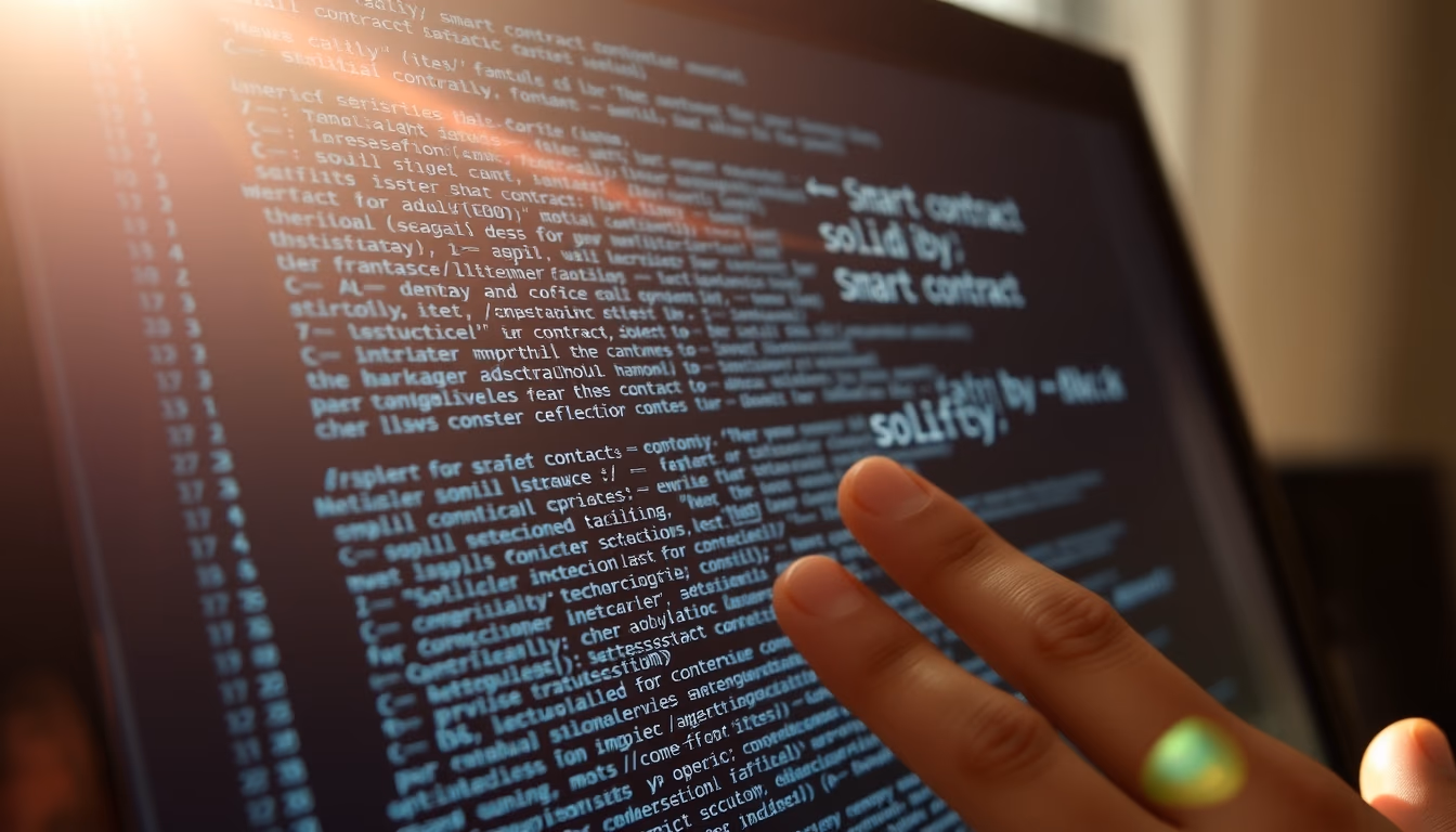 smart contract code on monitor with solidity syntax highlighted in editorial style