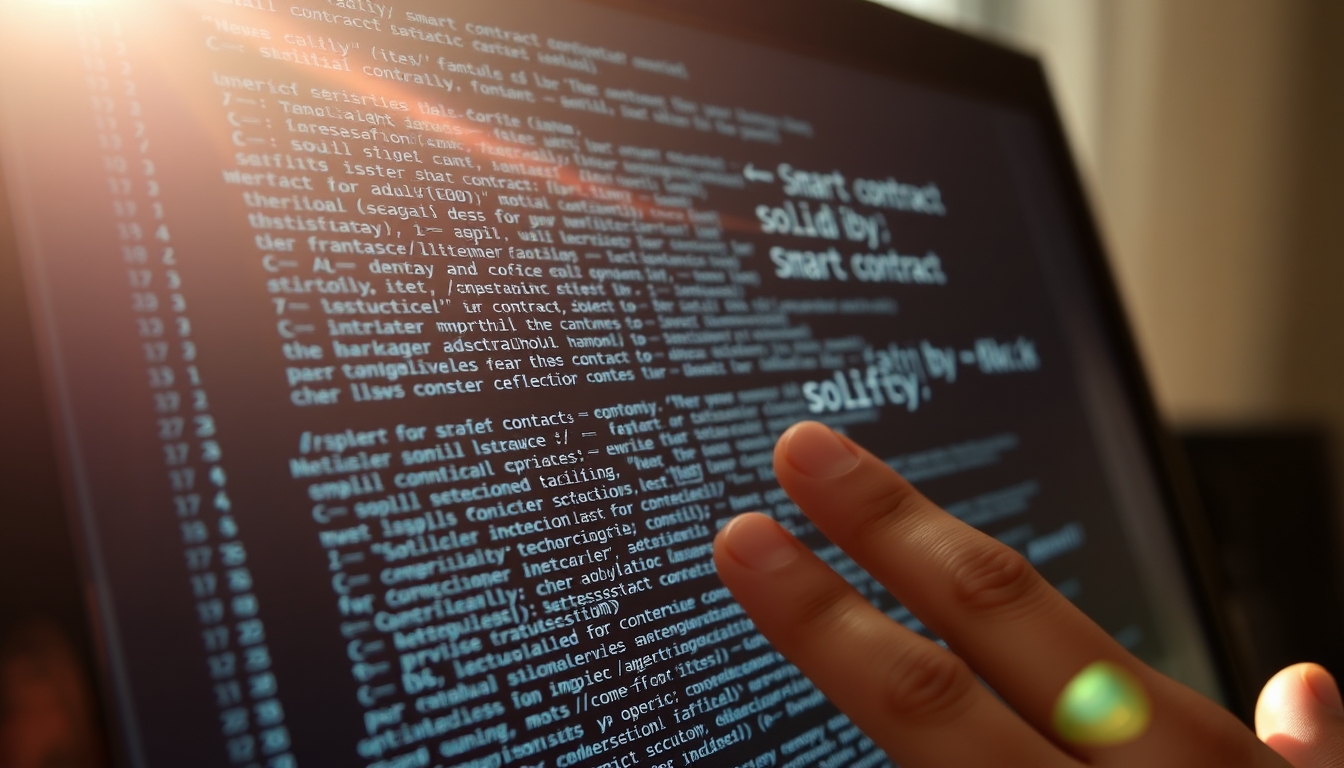 Código de smart contract em monitor com solidity destacado em estilo editorial