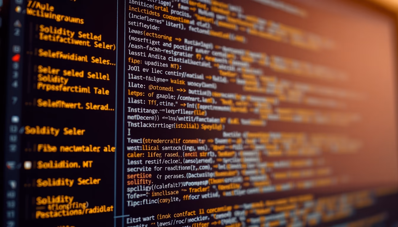 smart contract code on monitor with solidity syntax highlighted in editorial style