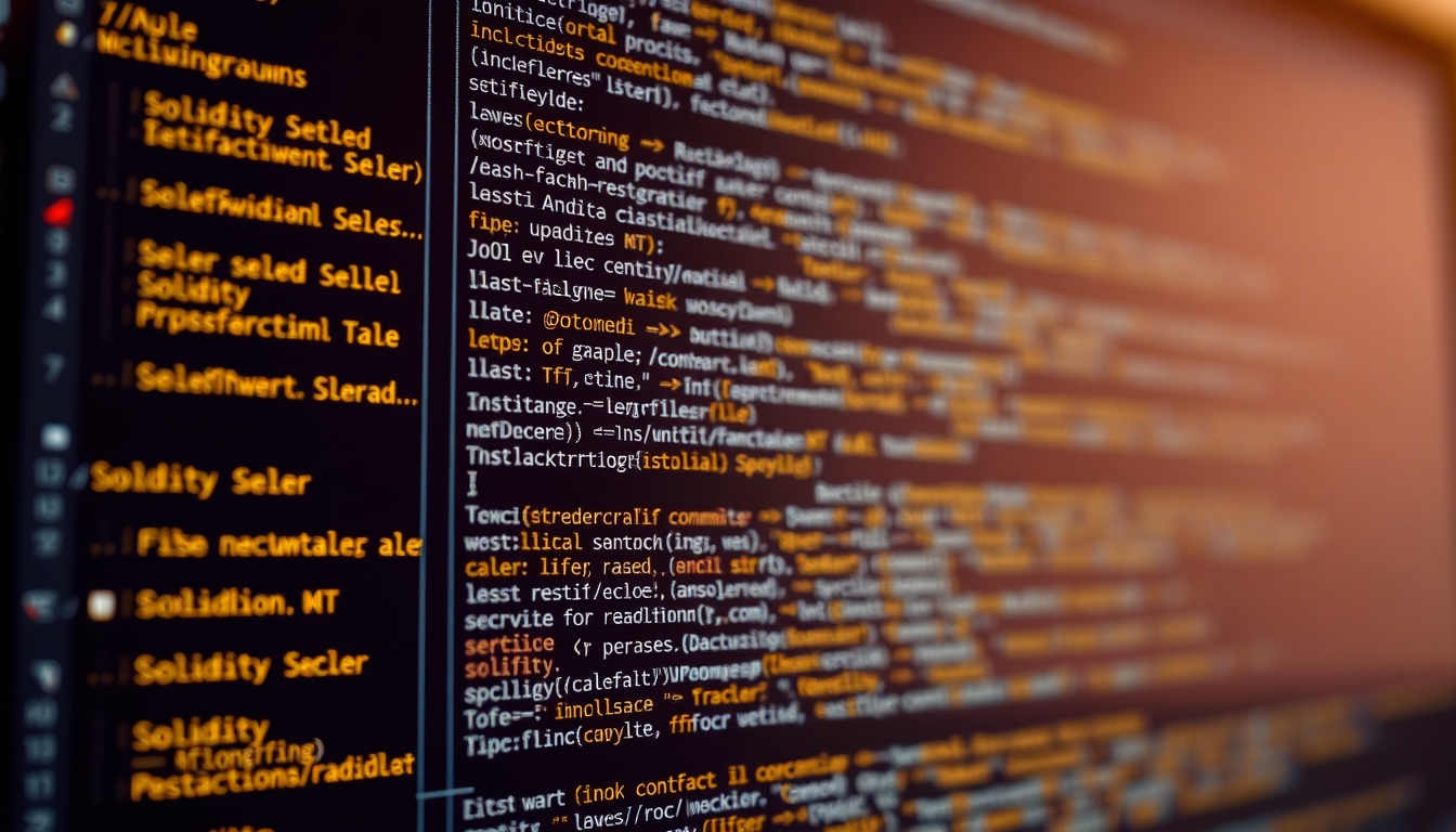 Código de smart contract em monitor com solidity destacado em estilo editorial