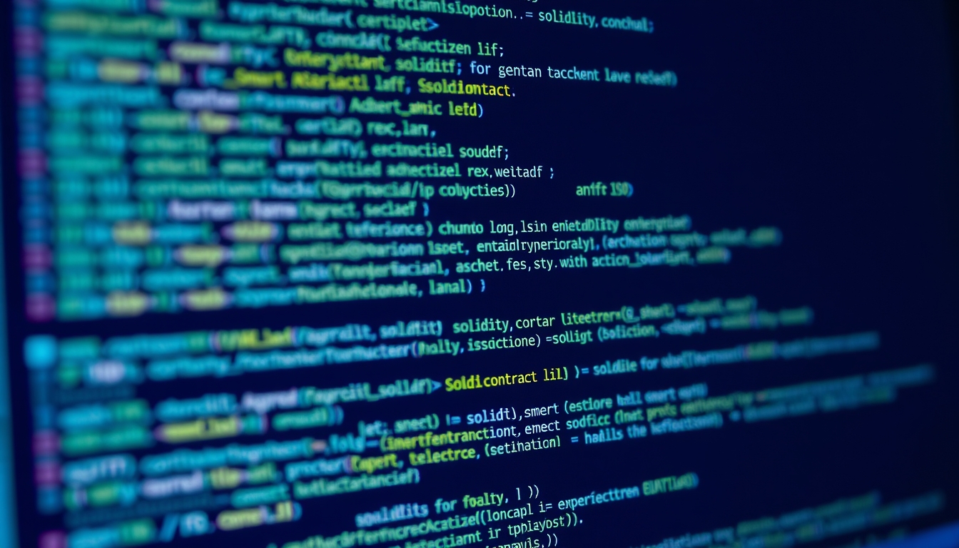 Código de smart contract em monitor com solidity destacado em estilo editorial