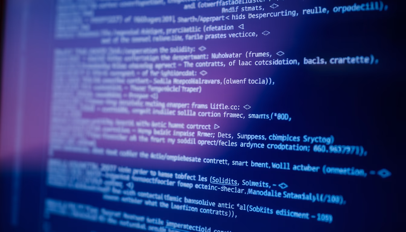 smart contract code on monitor with solidity syntax highlighted in editorial style