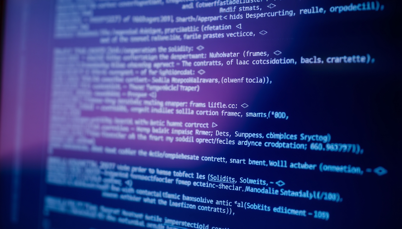 Código de smart contract em monitor com solidity destacado em estilo editorial