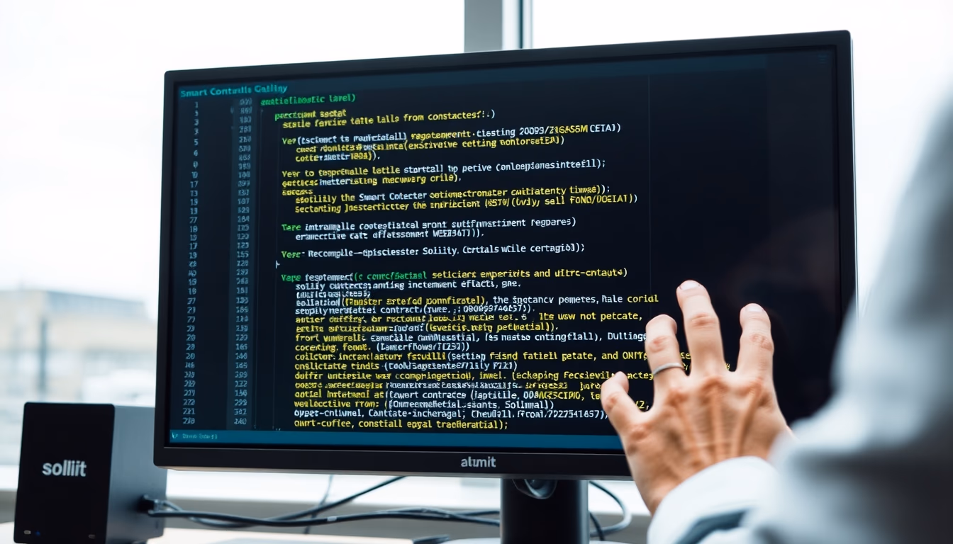smart contract code on monitor with solidity syntax highlighted in editorial style