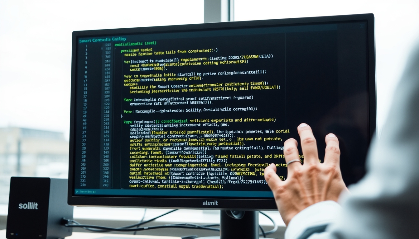 Código de smart contract em monitor com solidity destacado em estilo editorial