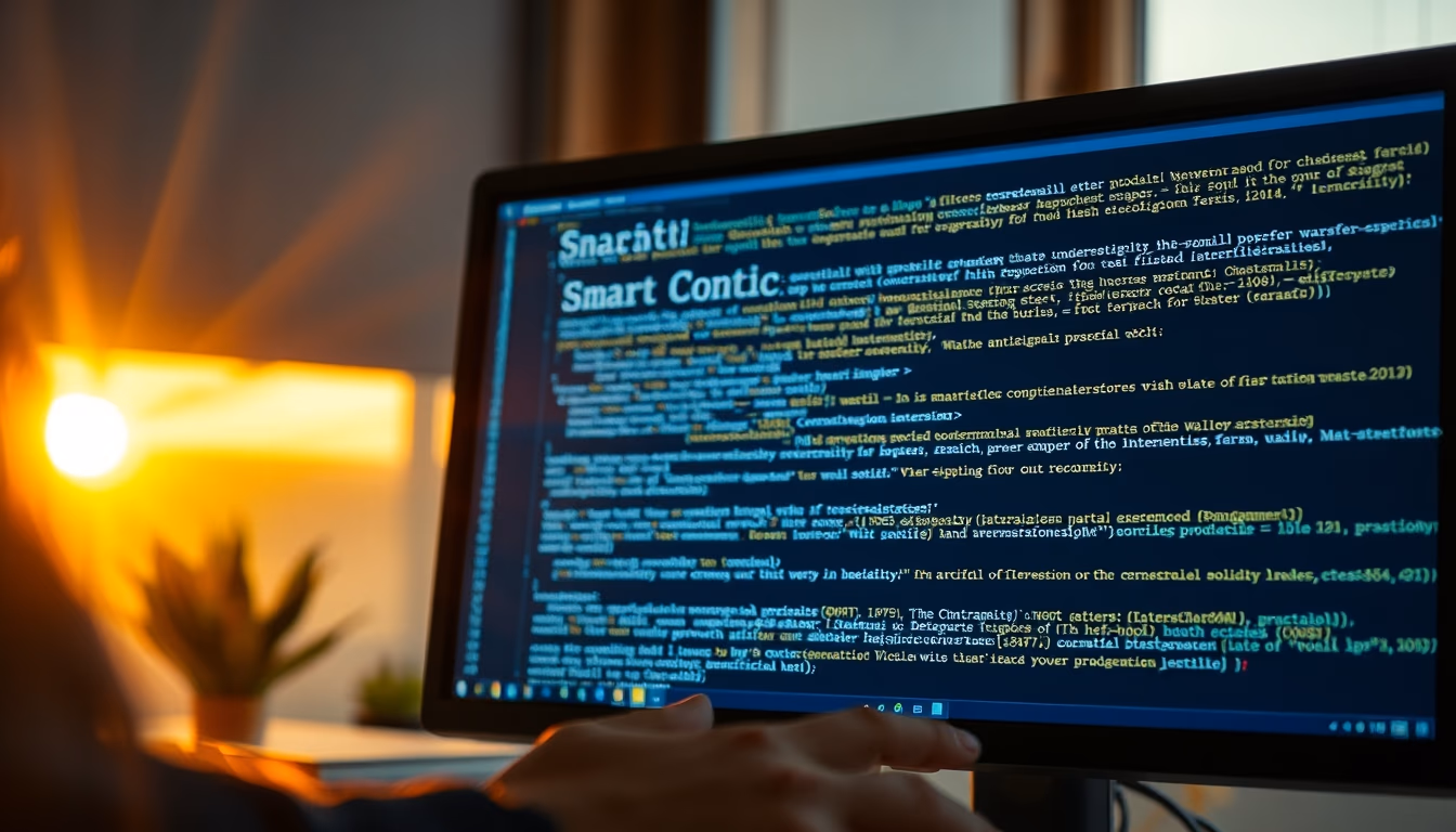 smart contract code on monitor with solidity syntax highlighted in editorial style