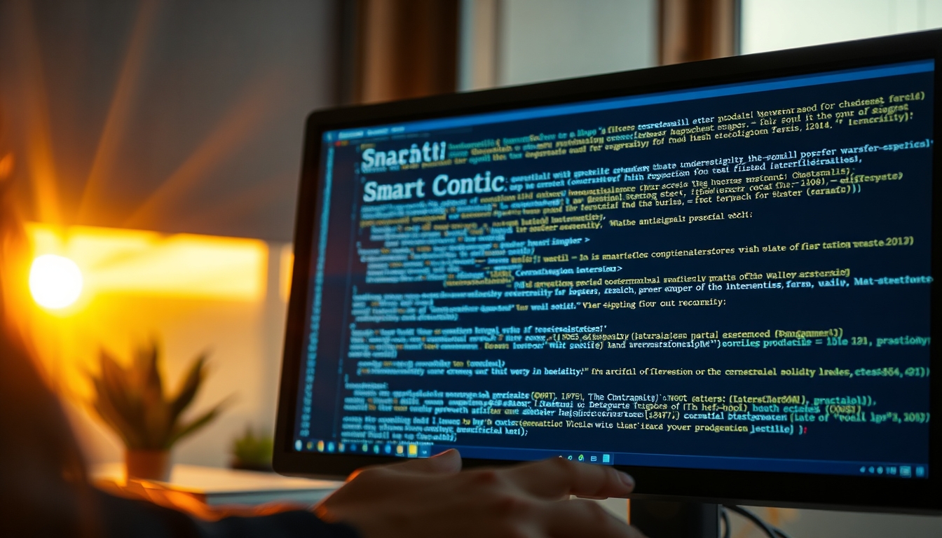 Código de smart contract em monitor com solidity destacado em estilo editorial
