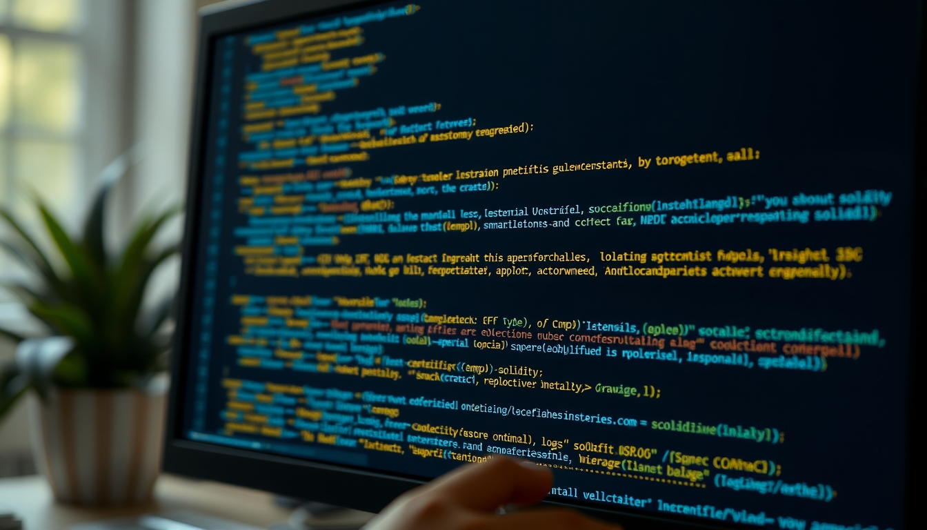 Código de smart contract em monitor com solidity destacado em estilo editorial