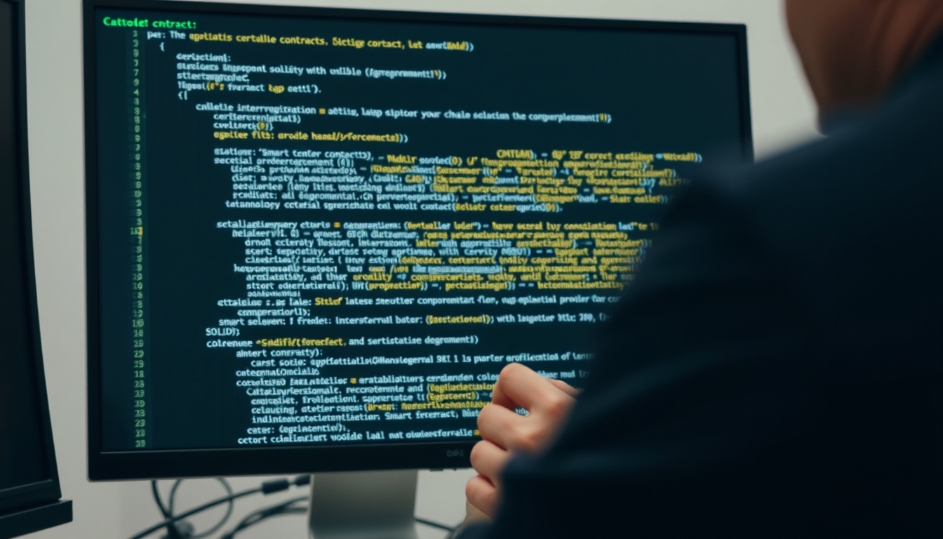 Código de smart contract em monitor com solidity destacado em estilo editorial