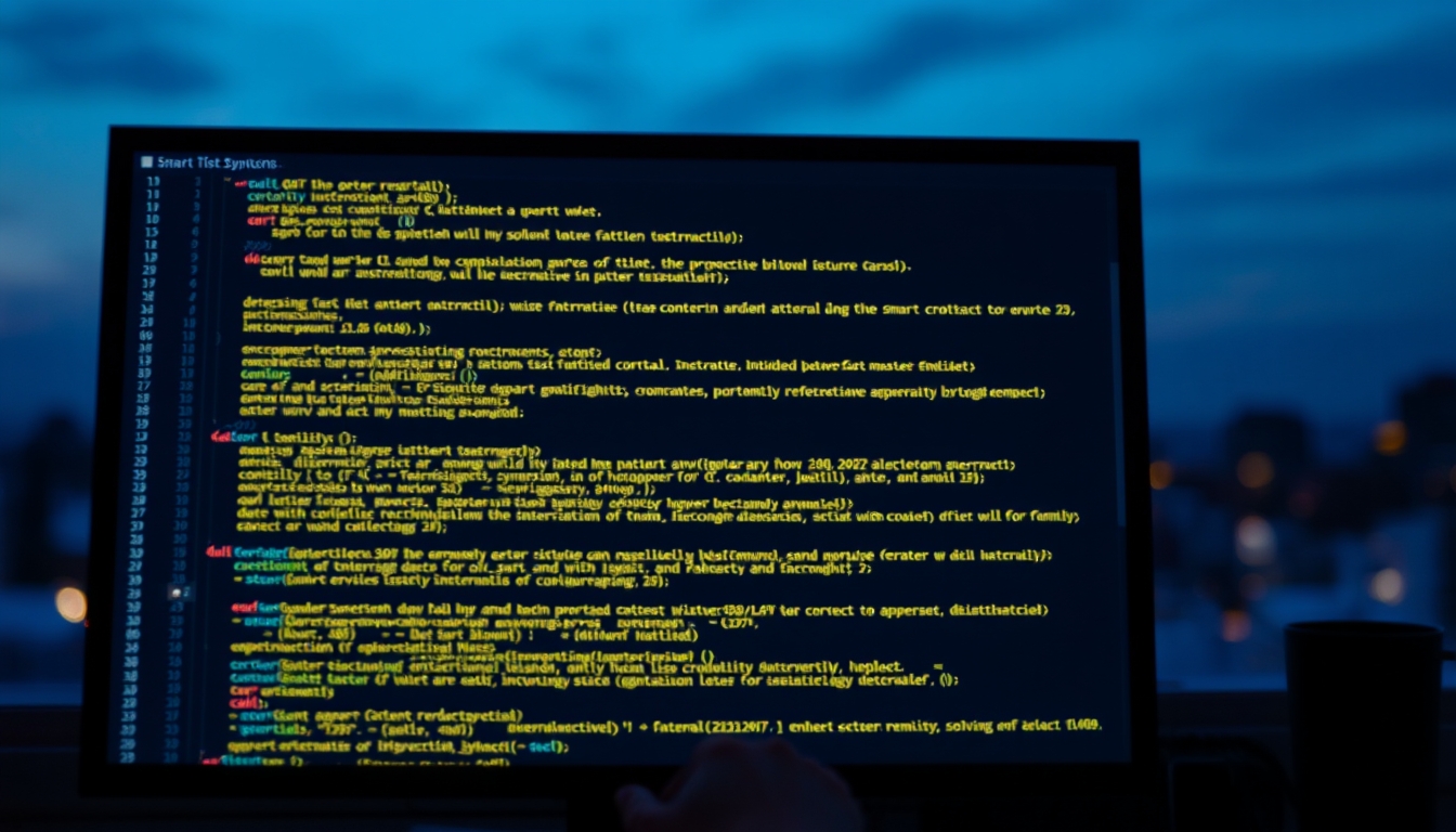 Código de smart contract em monitor com solidity destacado em estilo editorial