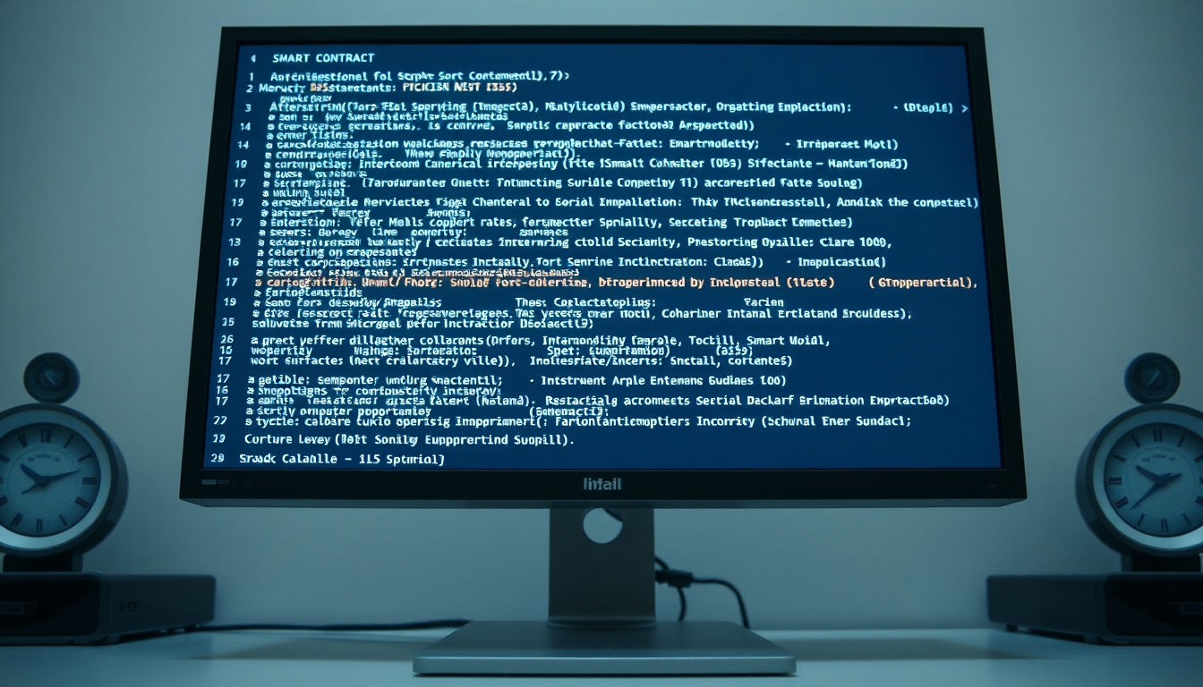 Código de smart contract em monitor com solidity destacado em estilo editorial