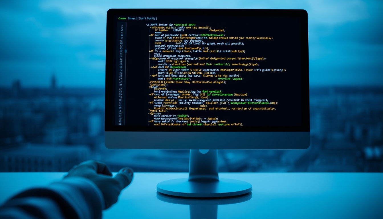 Código de smart contract em monitor com solidity destacado em estilo editorial