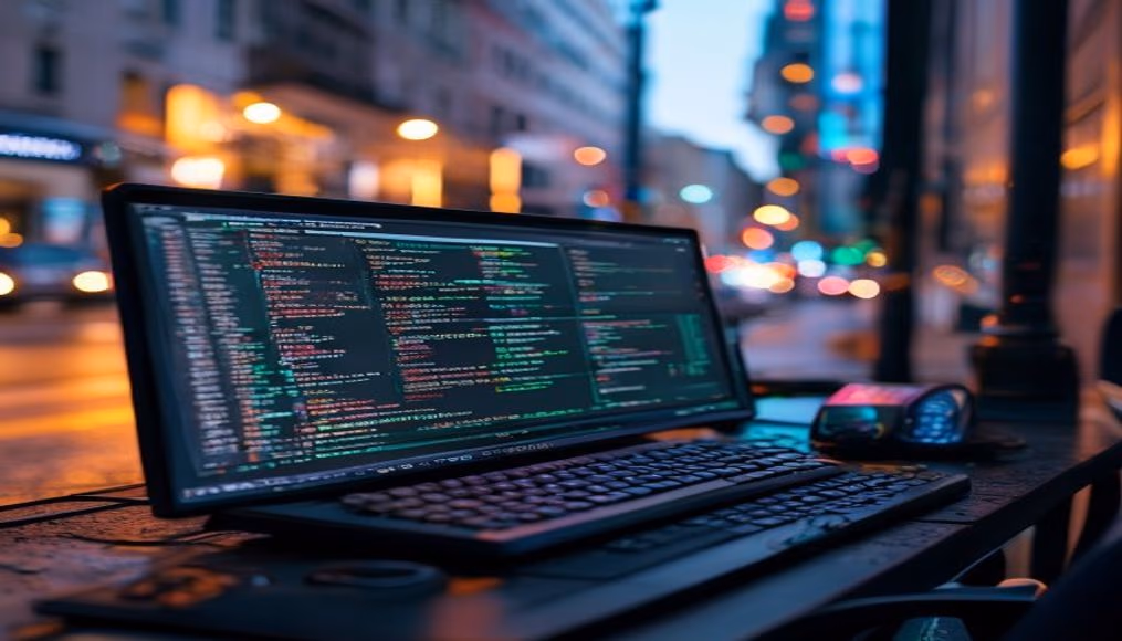 smart contract code on terminal IDE in editorial style
