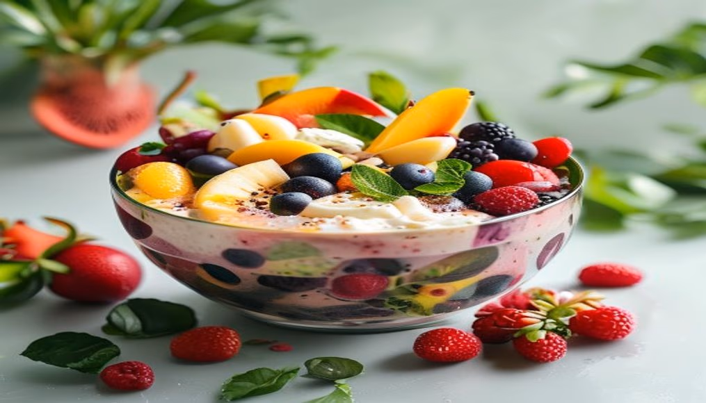 smoothie bowl tropical fruits in editorial style