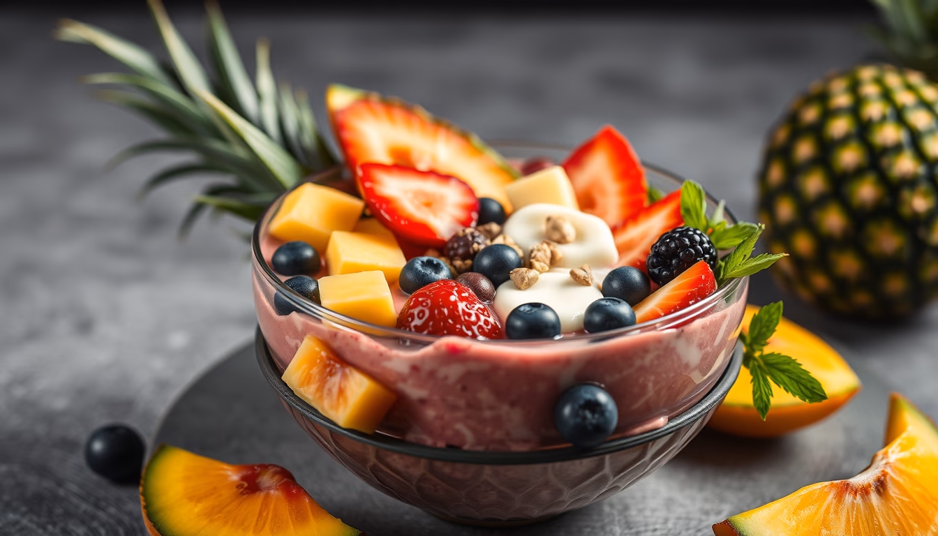 smoothie bowl tropical fruits in editorial style