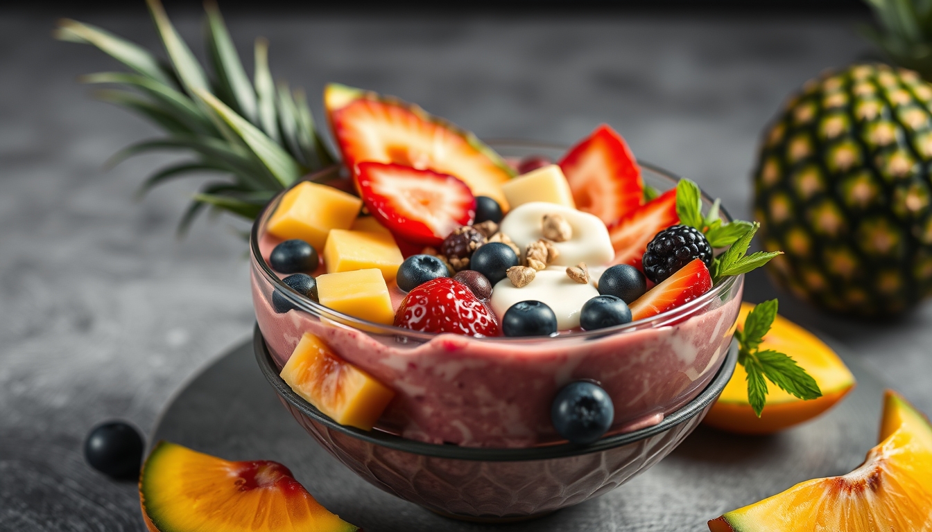 smoothie bowl tropical fruits in editorial style