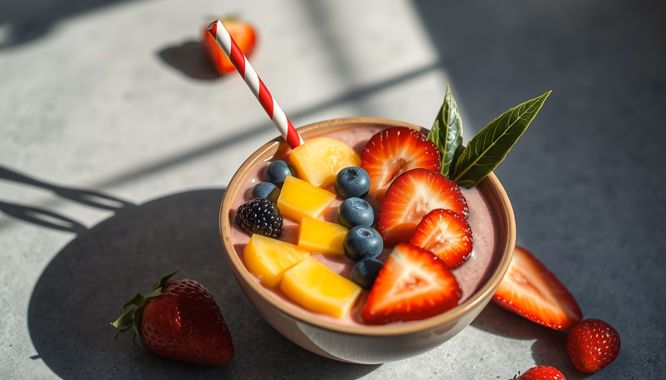 smoothie bowl tropical fruits in editorial style
