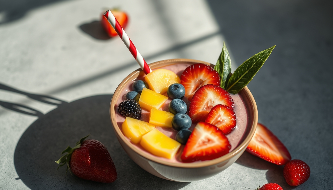 smoothie bowl tropical fruits in editorial style